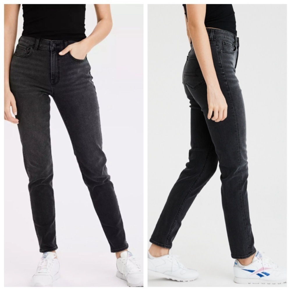 American Eagle Mom Jeans Black Stretch High Rise Women's‎ Size 00R Tapered Fit